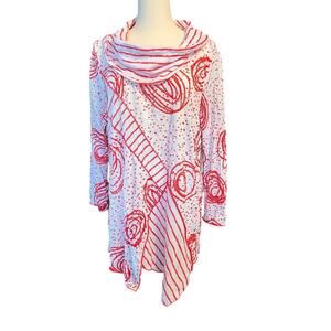 Ali Miles Red/White Cowl Neck, 3/4 Sleeve Tunic Top.  Size Medium